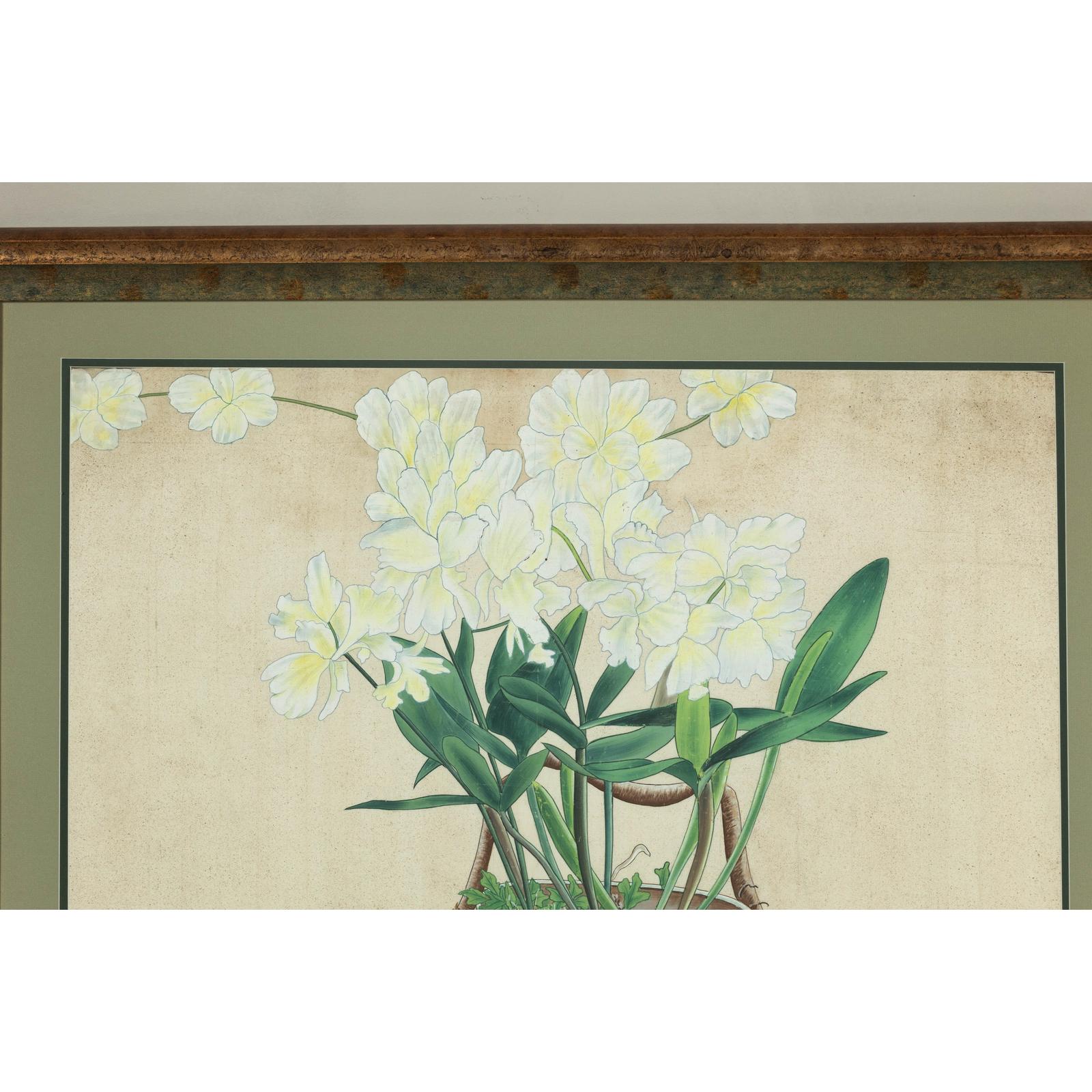 Framed Midcentury Botanical Print with Gold Leaf and Green Matte