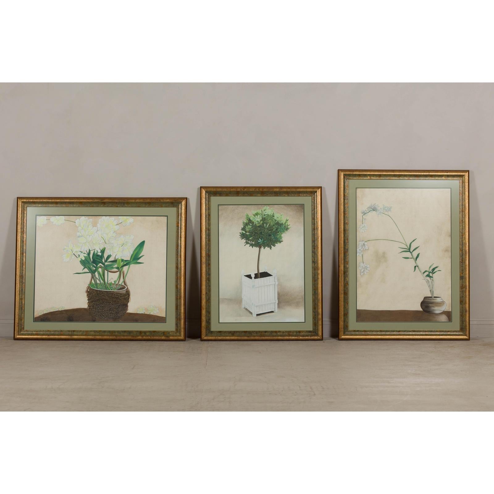 Framed Midcentury Botanical Print with Gold Leaf and Green Matte