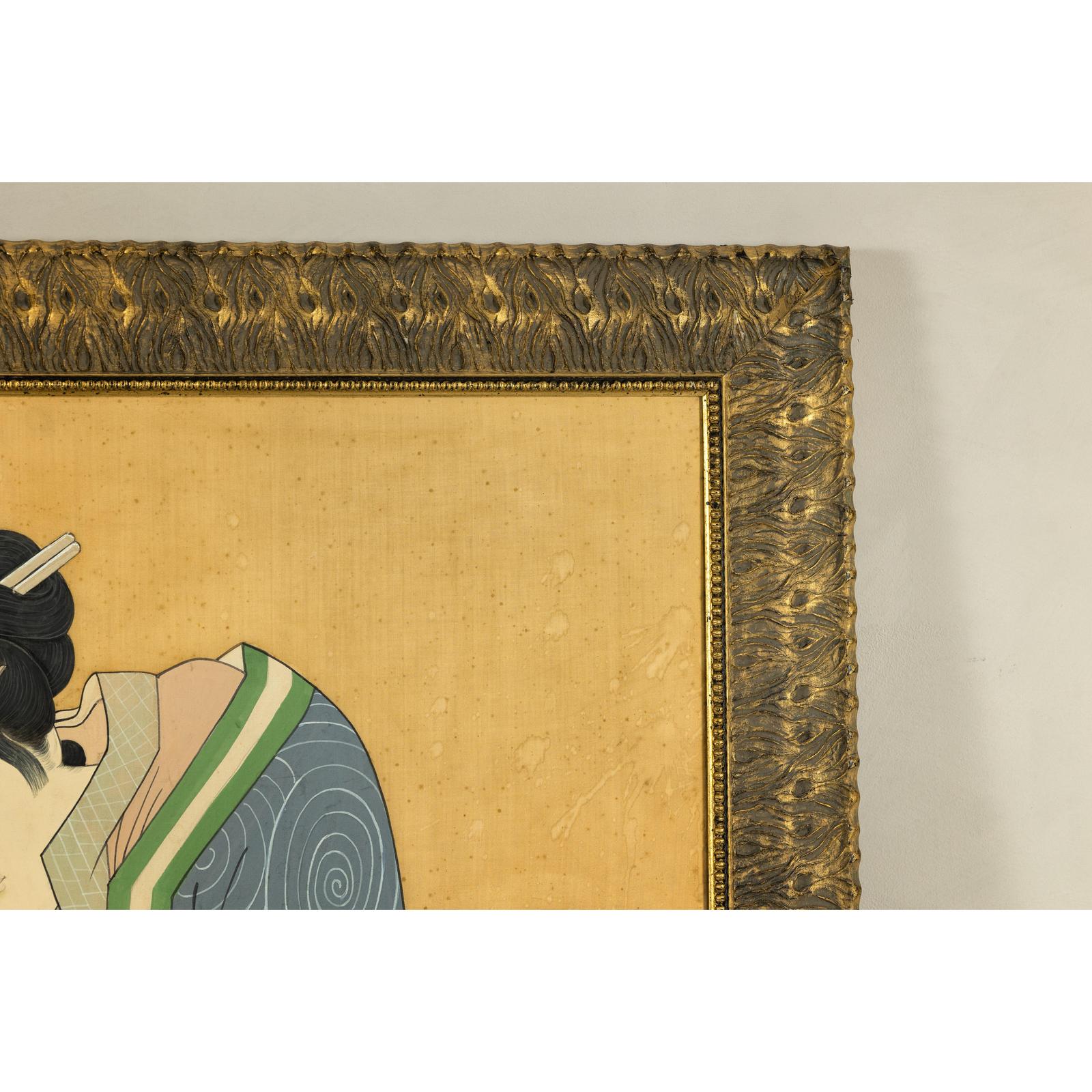Japanese Hand-Painted Silk Artwork of a Seated Concubine in Giltwood Frame