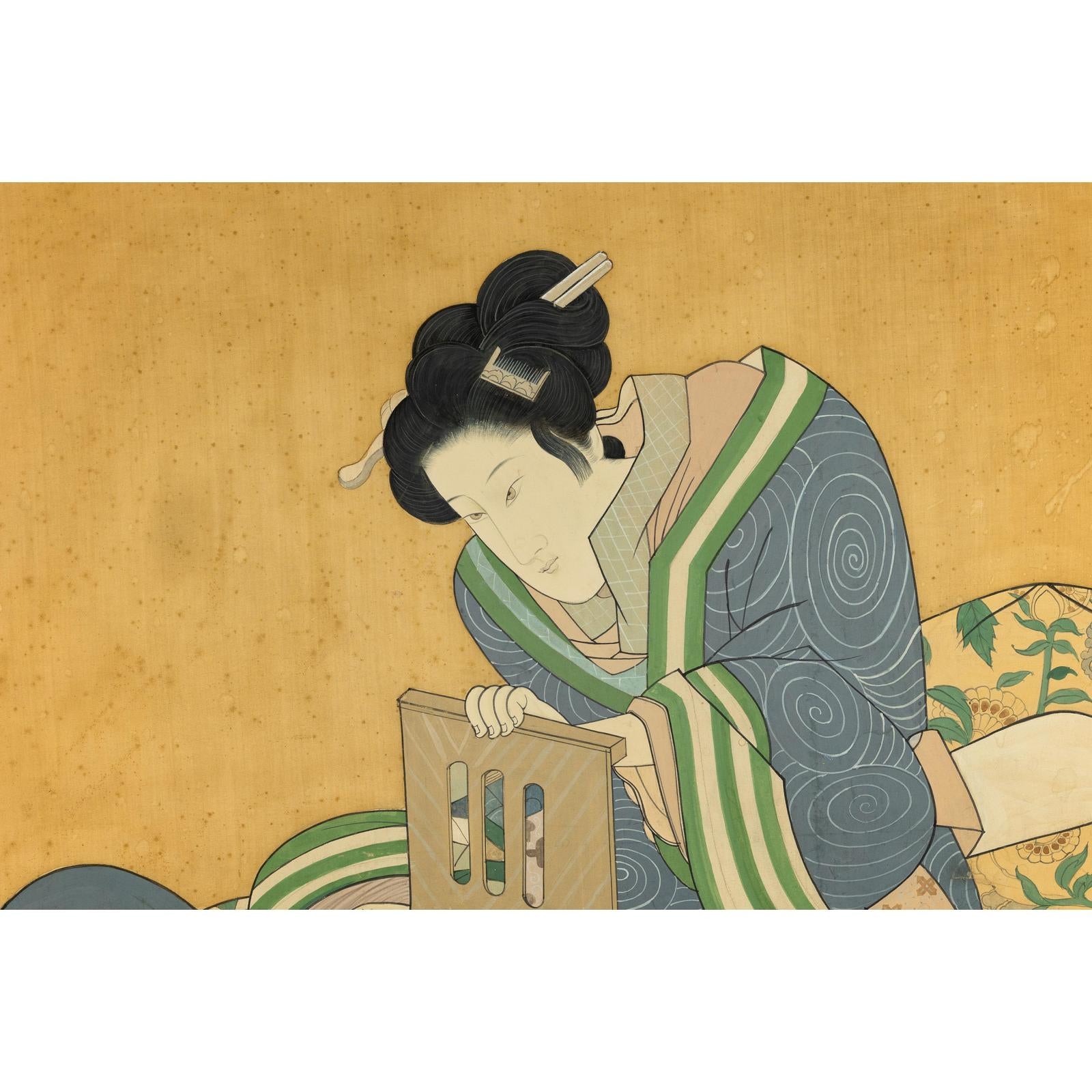 Japanese Hand-Painted Silk Artwork of a Seated Concubine in Giltwood Frame