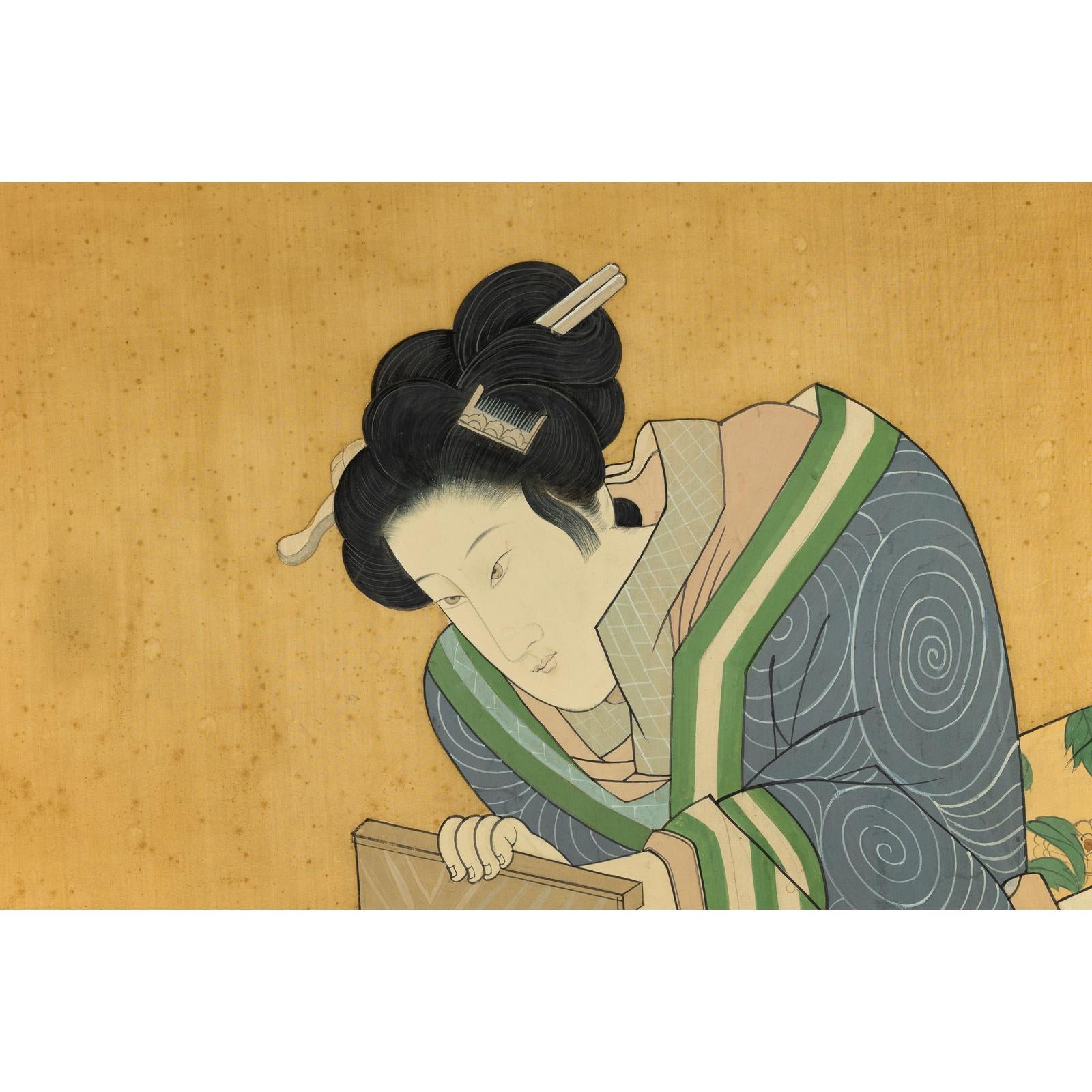 Japanese Hand-Painted Silk Artwork of a Seated Concubine in Giltwood Frame