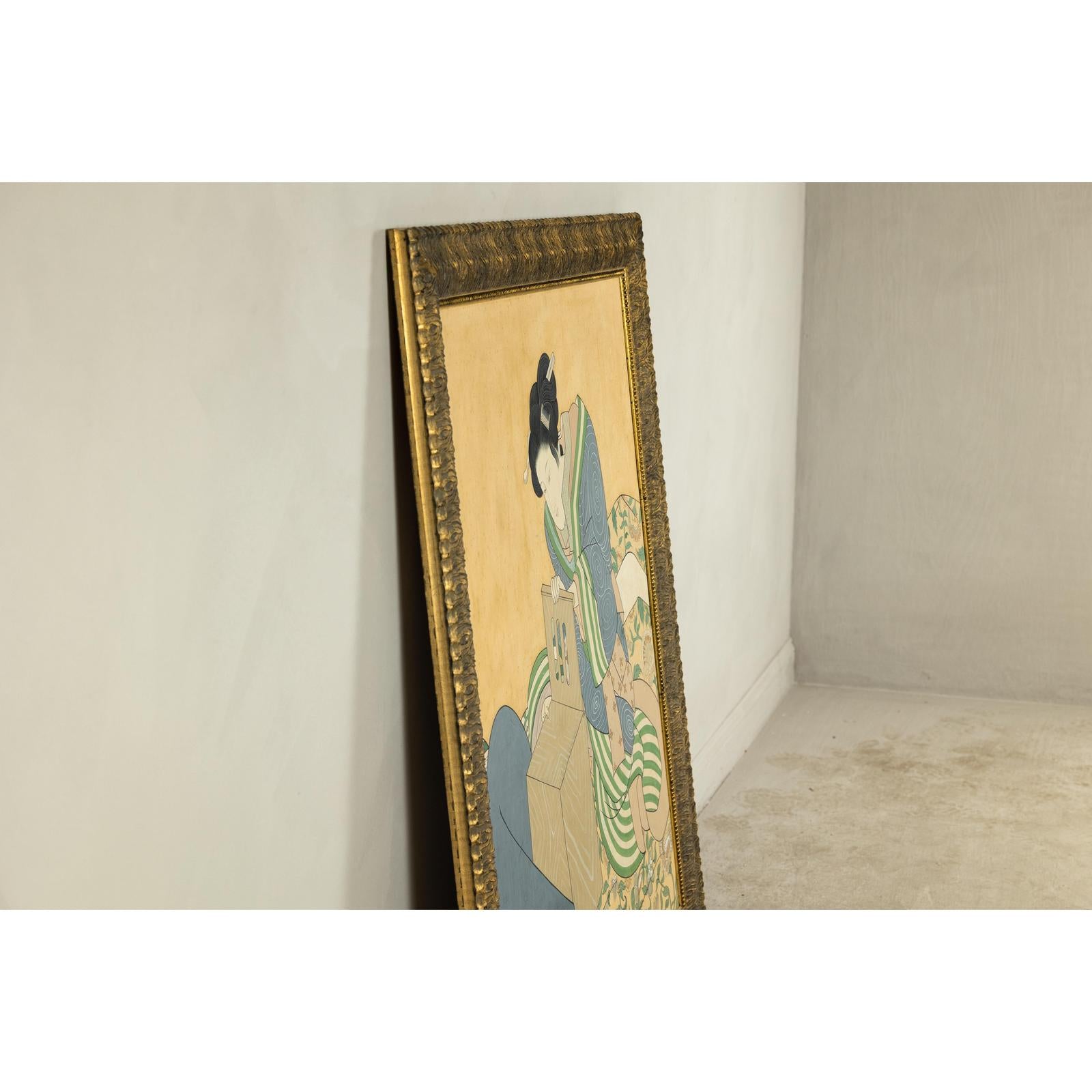 Japanese Hand-Painted Silk Artwork of a Seated Concubine in Giltwood Frame