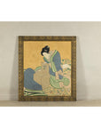 Japanese Hand-Painted Silk Artwork of a Seated Concubine in Giltwood Frame
