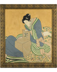 Japanese Hand-Painted Silk Artwork of a Seated Concubine in Giltwood Frame