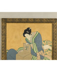 Japanese Hand-Painted Silk Artwork of a Seated Concubine in Giltwood Frame
