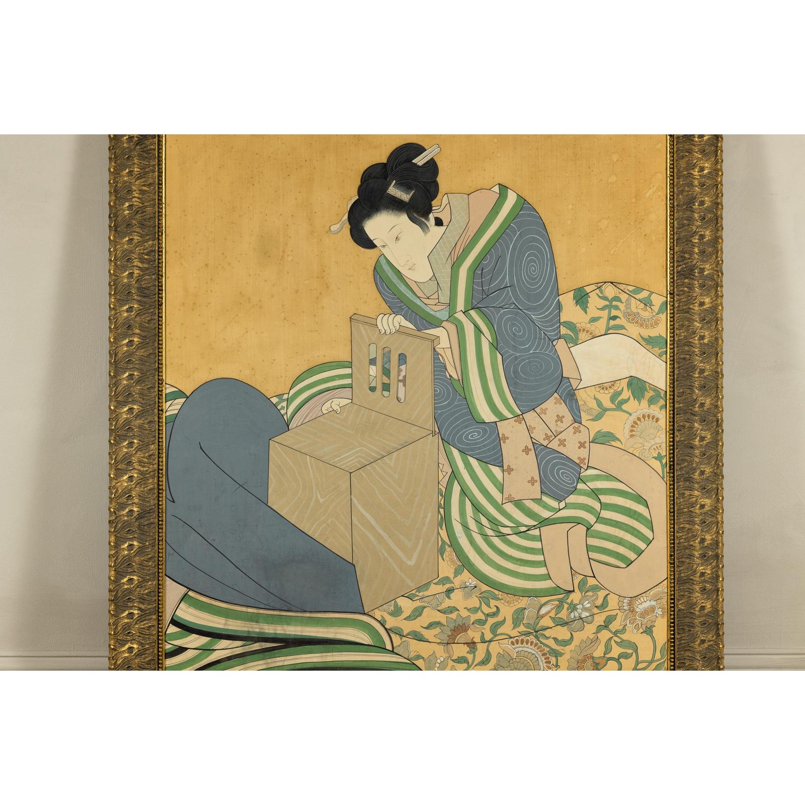 Japanese Hand-Painted Silk Artwork of a Seated Concubine in Giltwood Frame