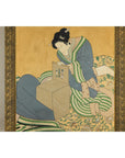 Japanese Hand-Painted Silk Artwork of a Seated Concubine in Giltwood Frame
