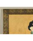 Japanese Hand-Painted Silk Artwork of a Seated Concubine in Giltwood Frame