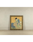Japanese Hand-Painted Silk Artwork of a Seated Concubine in Giltwood Frame