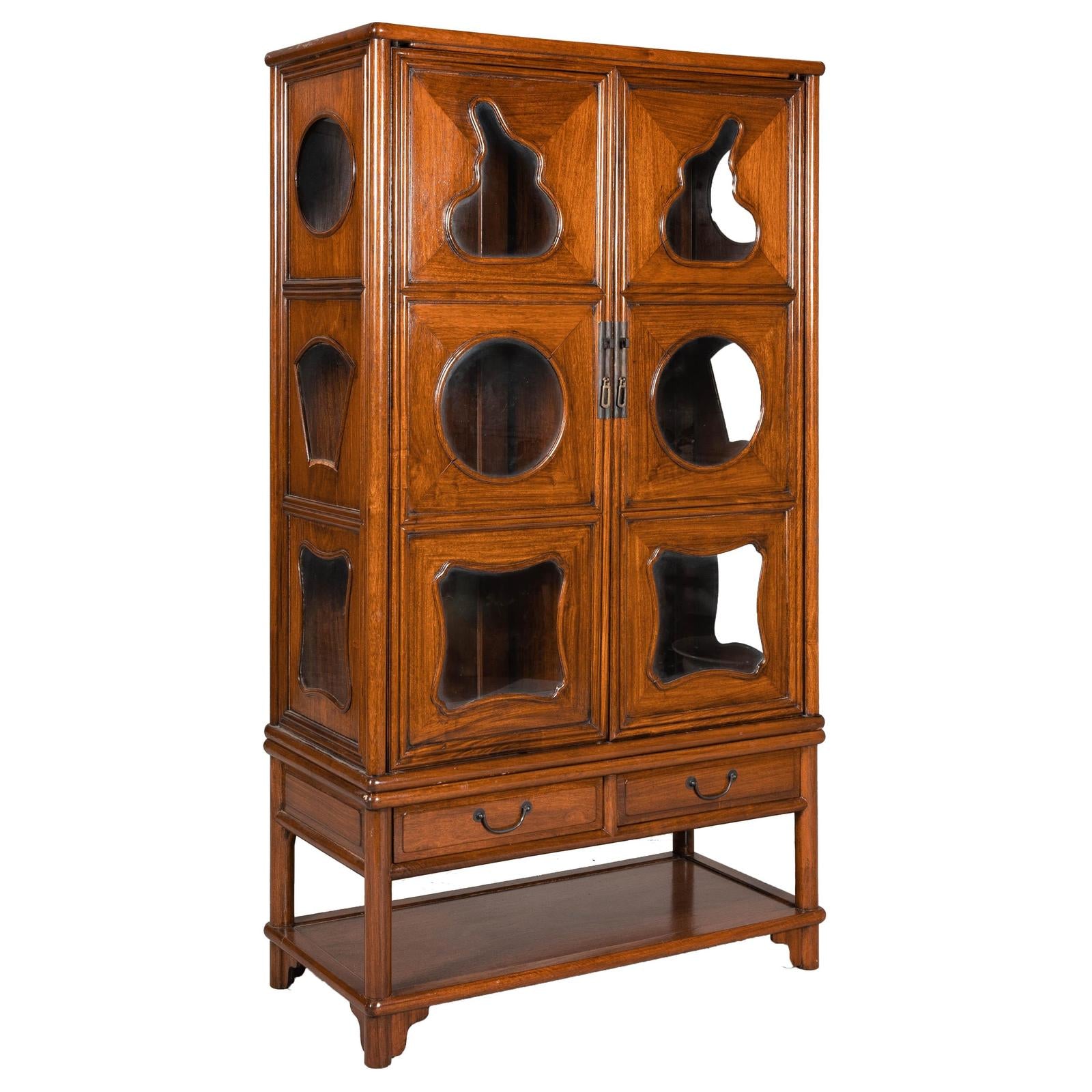 Two-Piece Hardwood Display Cabinet with Glass Paneled Cutouts