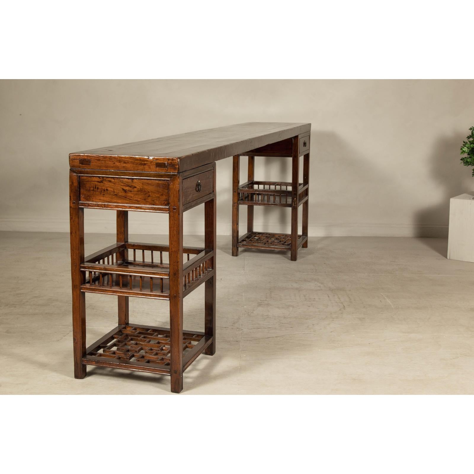 Oversized Console Table with Drawers, Fretwork Shelves and Removable Top