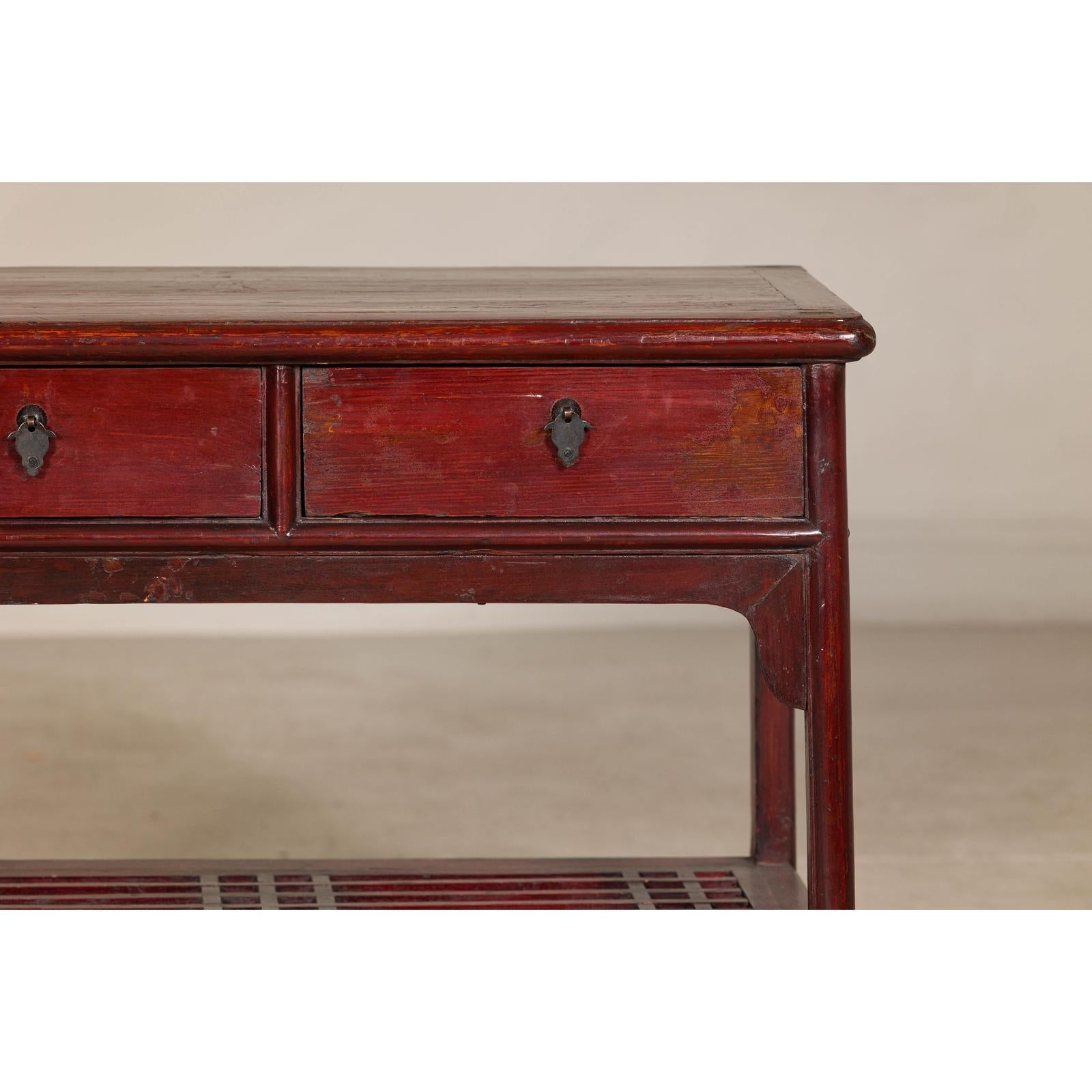 Vintage Red Lacquered Console Table with Drawers and Fretwork Shelf