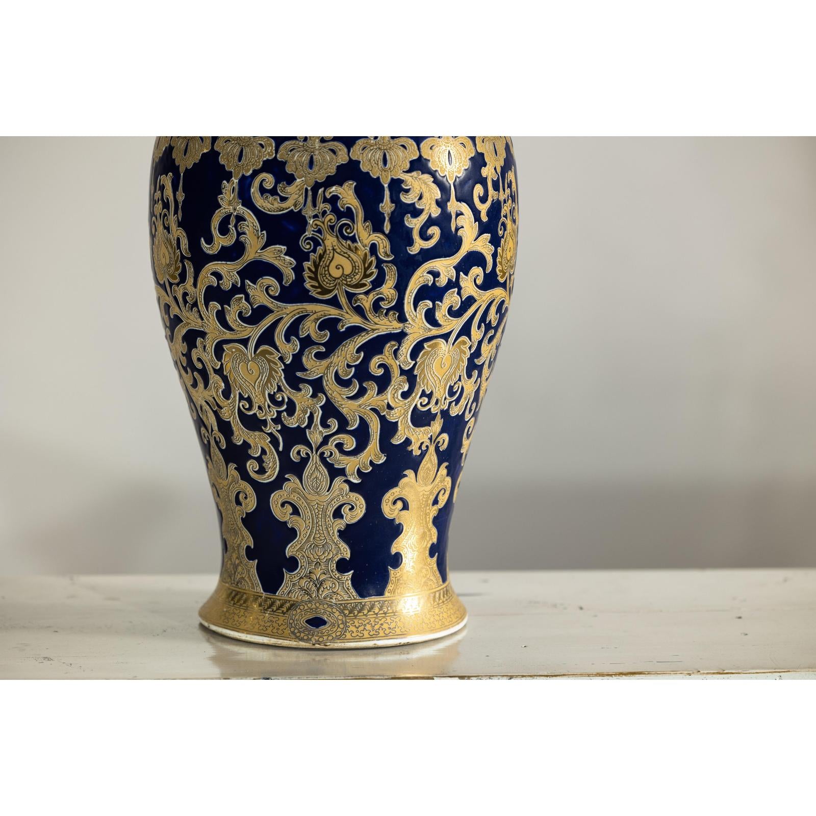 Pair of Sèvres-Inspired Cobalt Blue and Gold Porcelain Vases, Scrolling Foliage