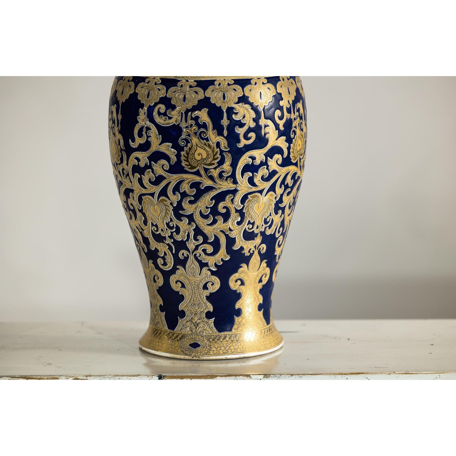 Pair of Sèvres-Inspired Cobalt Blue and Gold Porcelain Vases, Scrolling Foliage
