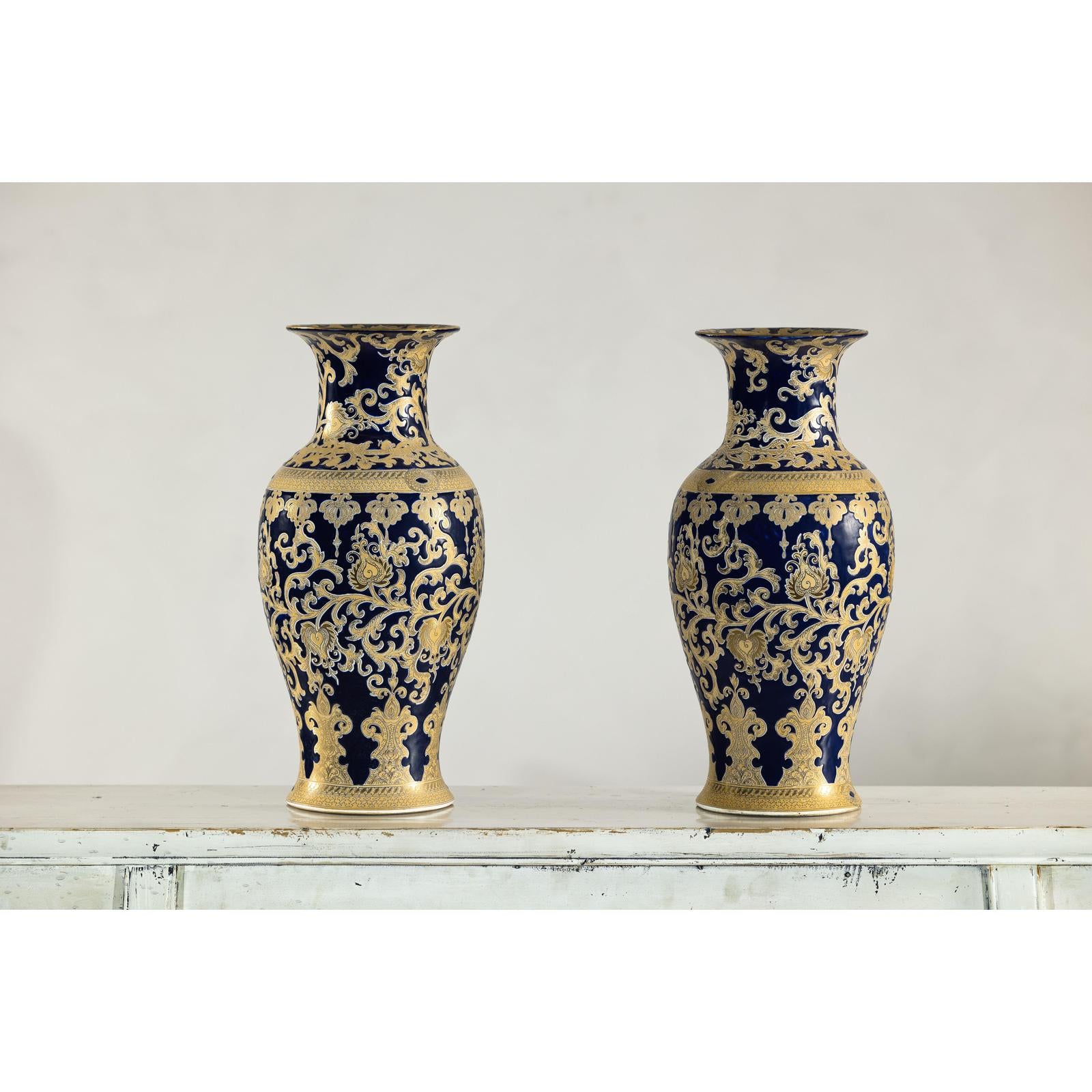 Pair of Sèvres-Inspired Cobalt Blue and Gold Porcelain Vases, Scrolling Foliage