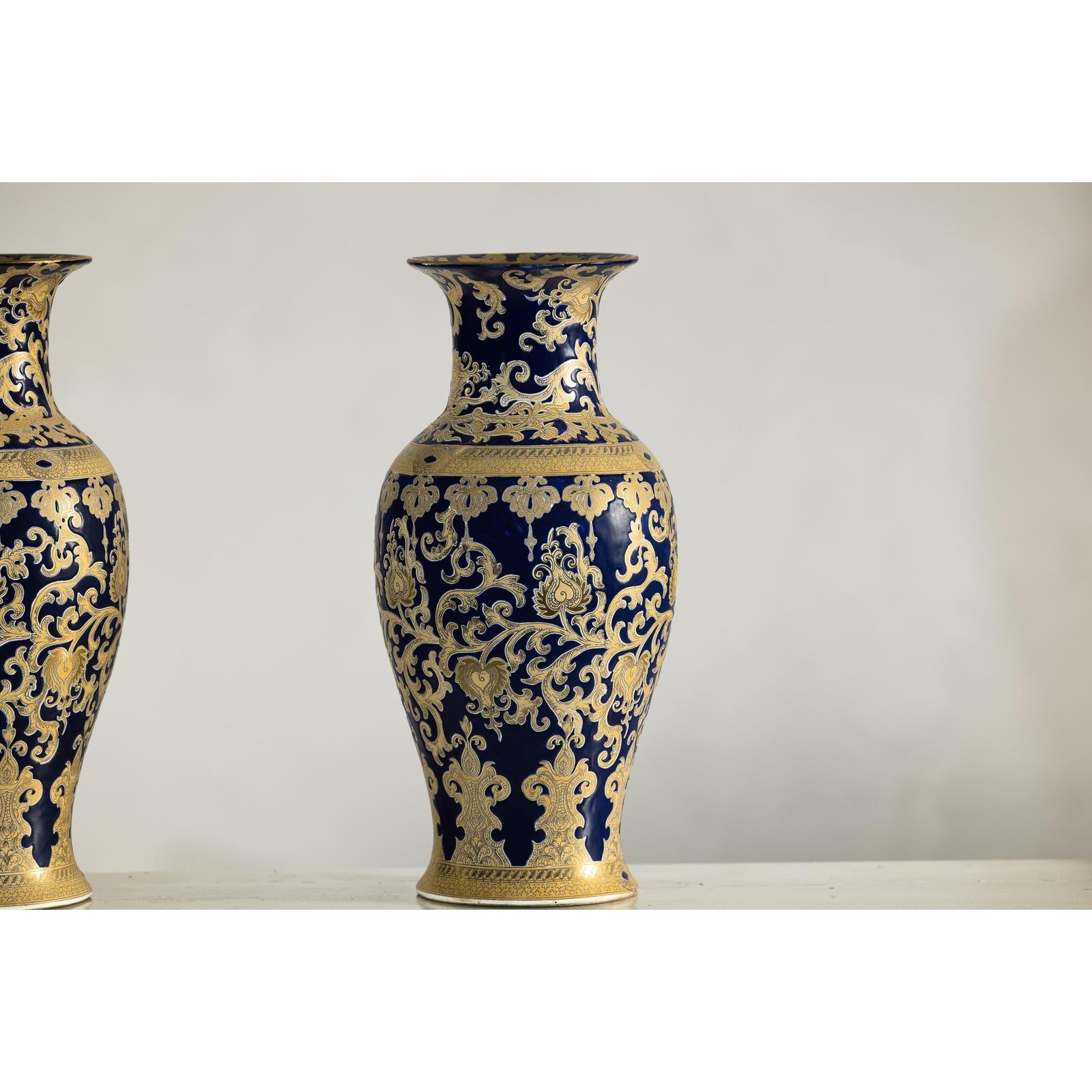 Pair of Sèvres-Inspired Cobalt Blue and Gold Porcelain Vases, Scrolling Foliage