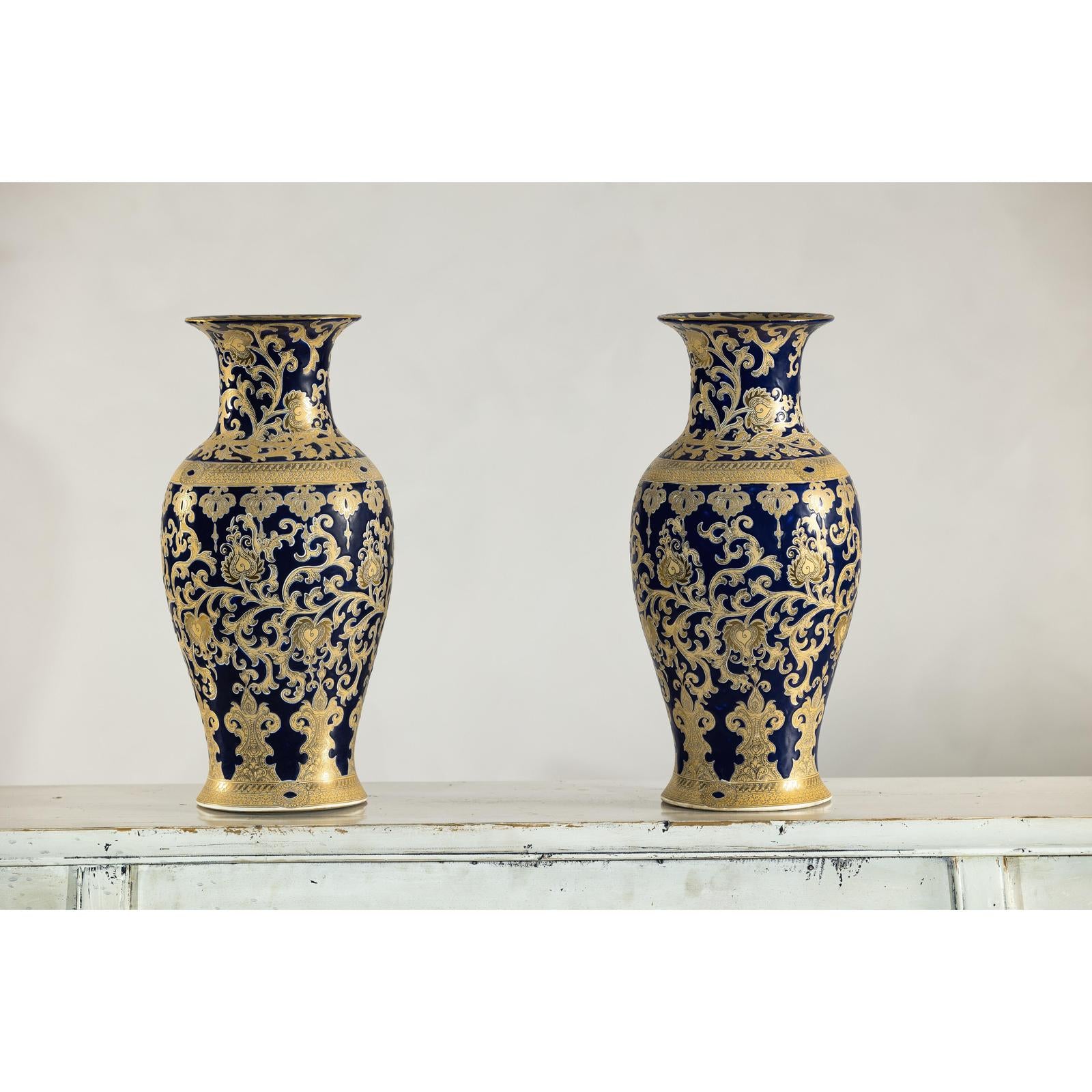 Pair of Sèvres-Inspired Cobalt Blue and Gold Porcelain Vases, Scrolling Foliage