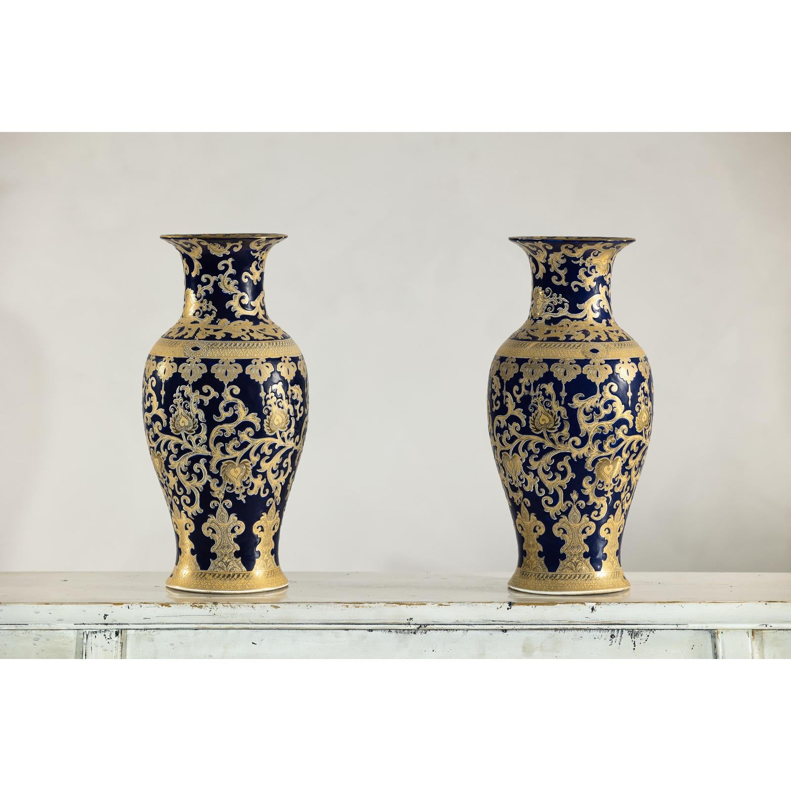 Pair of Sèvres-Inspired Cobalt Blue and Gold Porcelain Vases, Scrolling Foliage