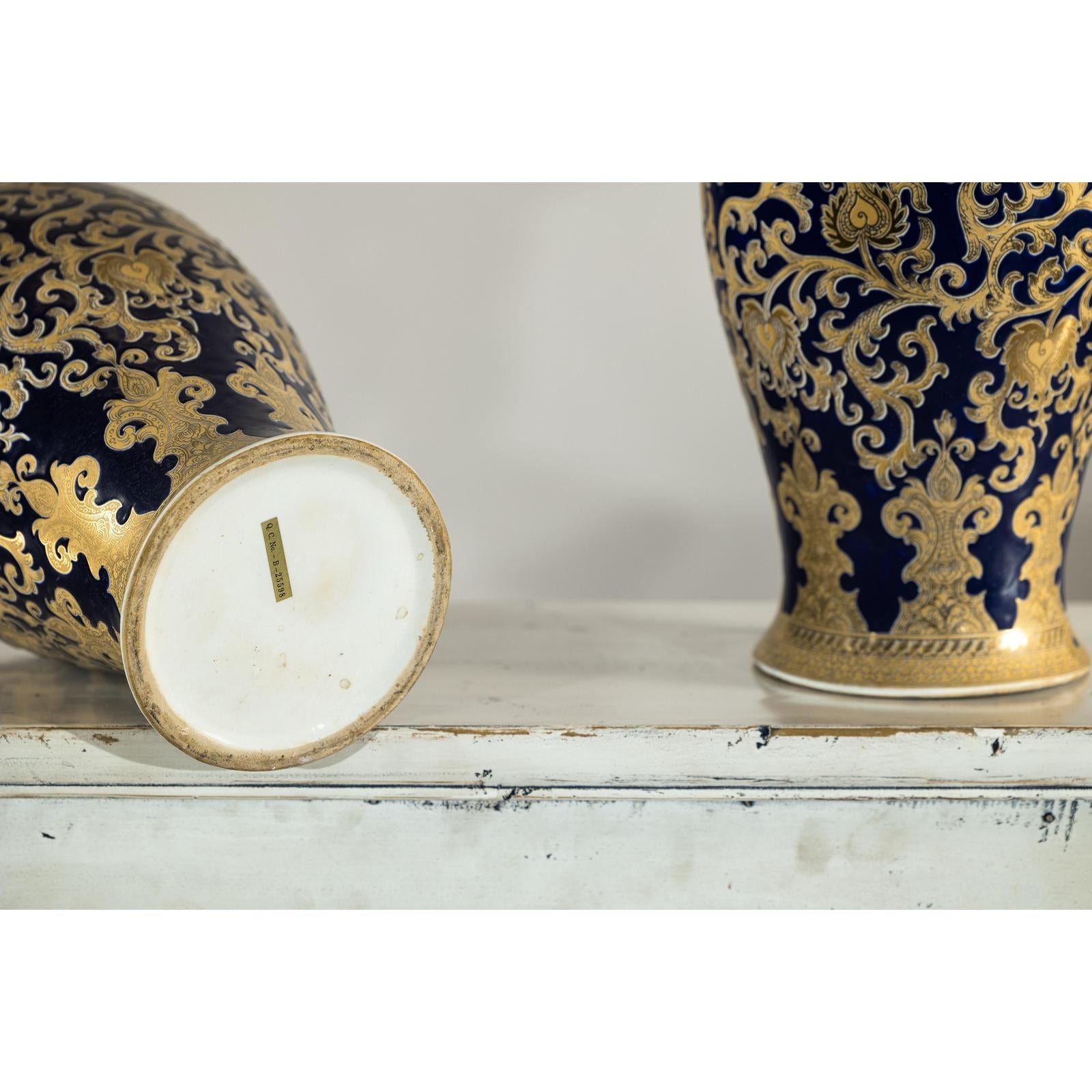 Pair of Sèvres-Inspired Cobalt Blue and Gold Porcelain Vases, Scrolling Foliage