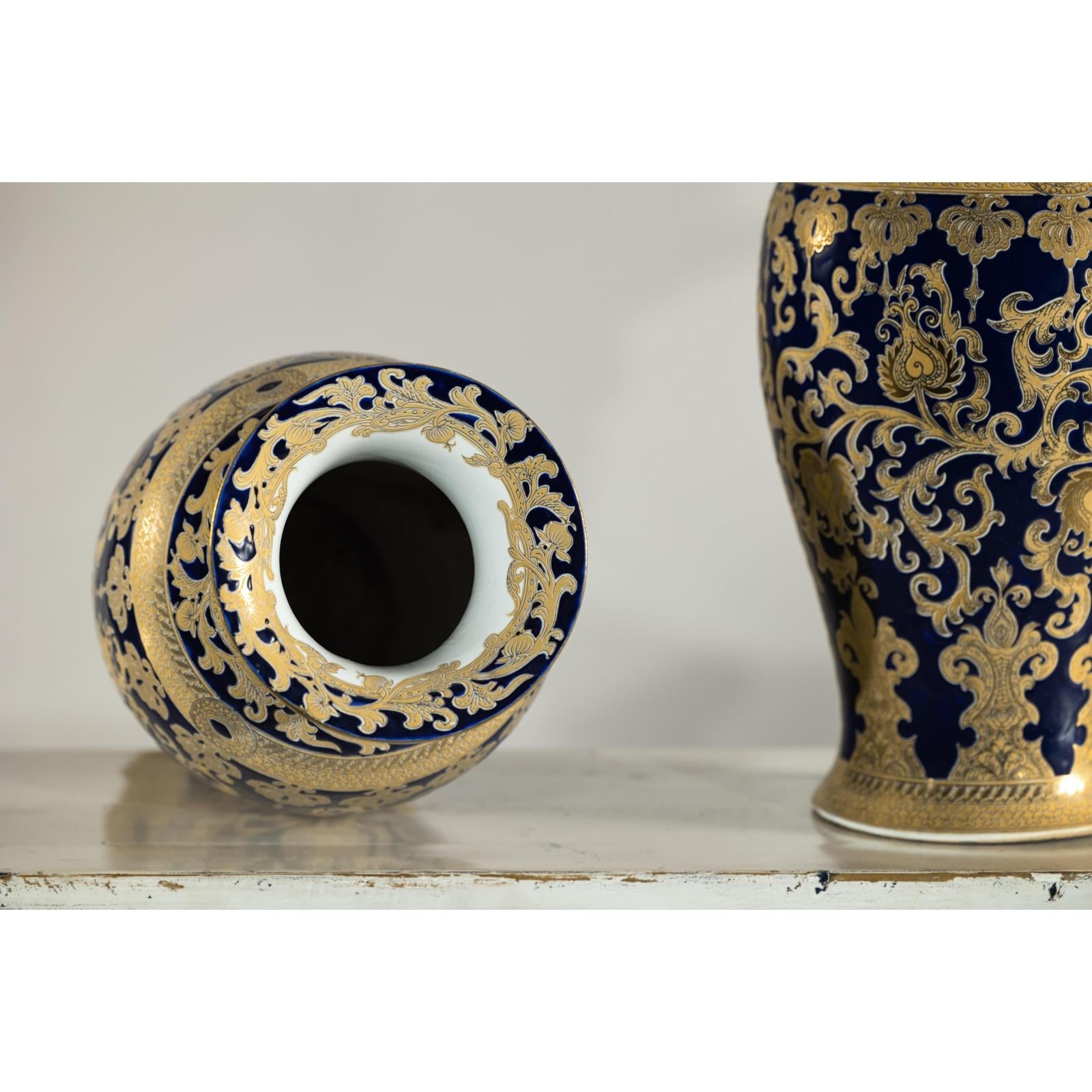 Pair of Sèvres-Inspired Cobalt Blue and Gold Porcelain Vases, Scrolling Foliage