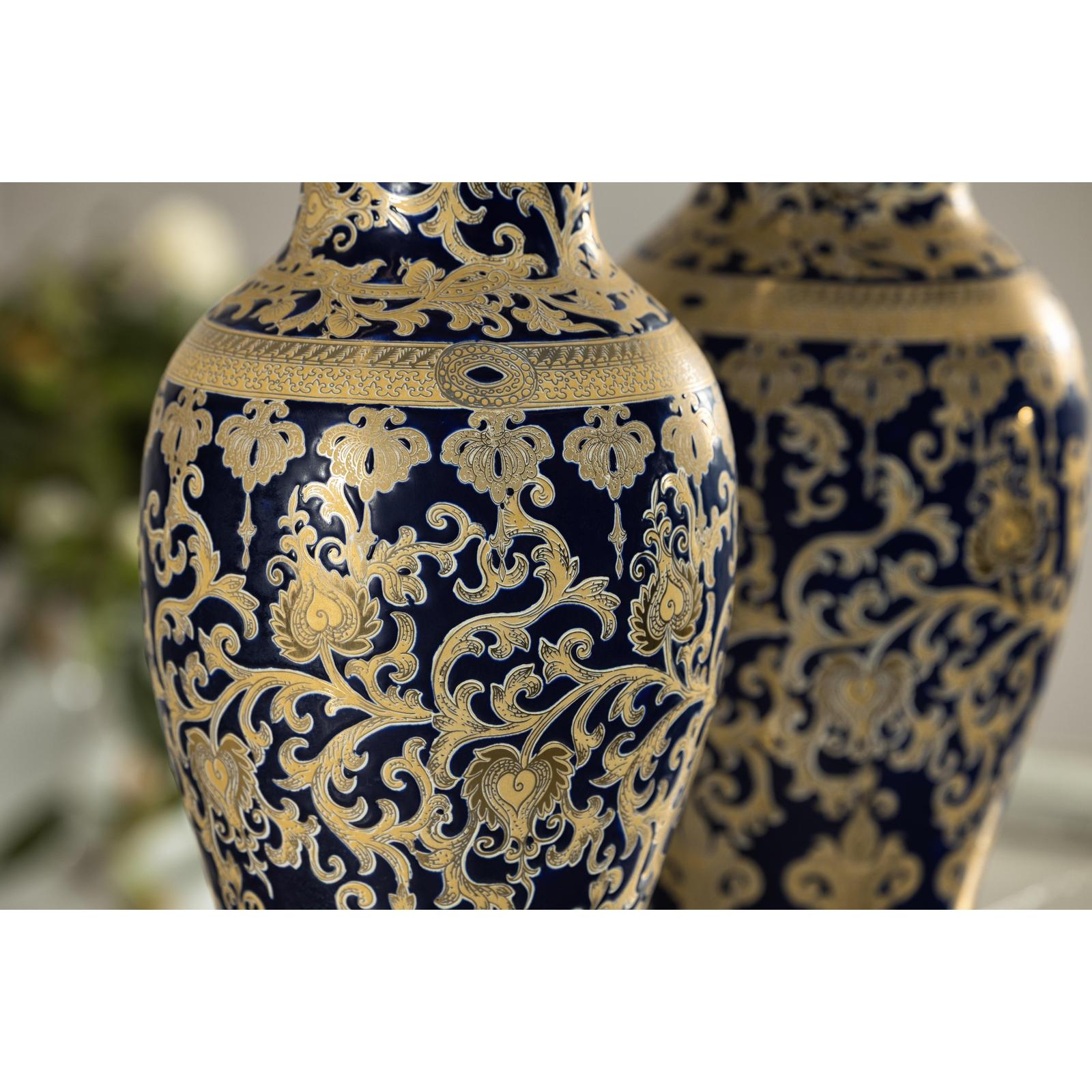 Pair of Sèvres-Inspired Cobalt Blue and Gold Porcelain Vases, Scrolling Foliage