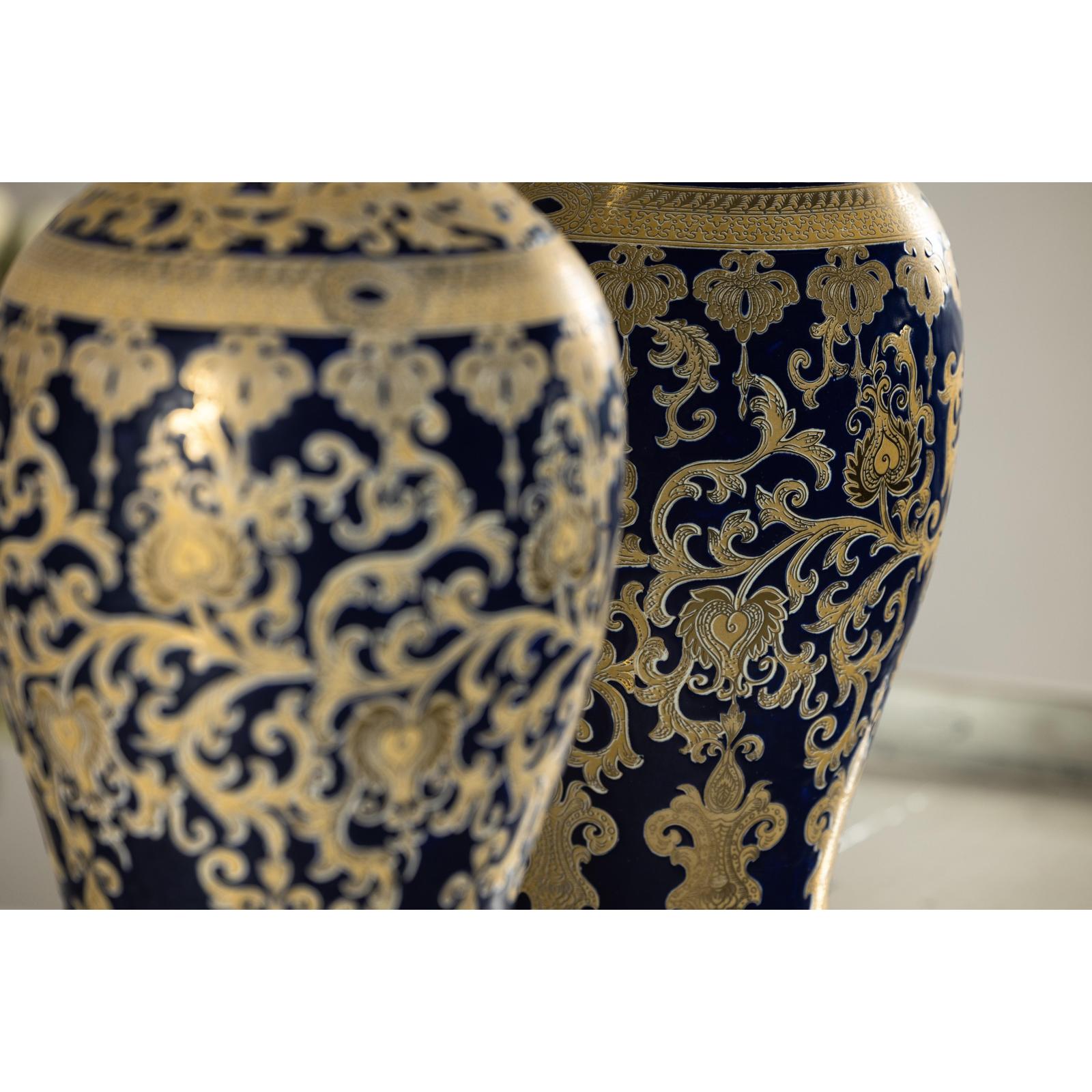 Pair of Sèvres-Inspired Cobalt Blue and Gold Porcelain Vases, Scrolling Foliage