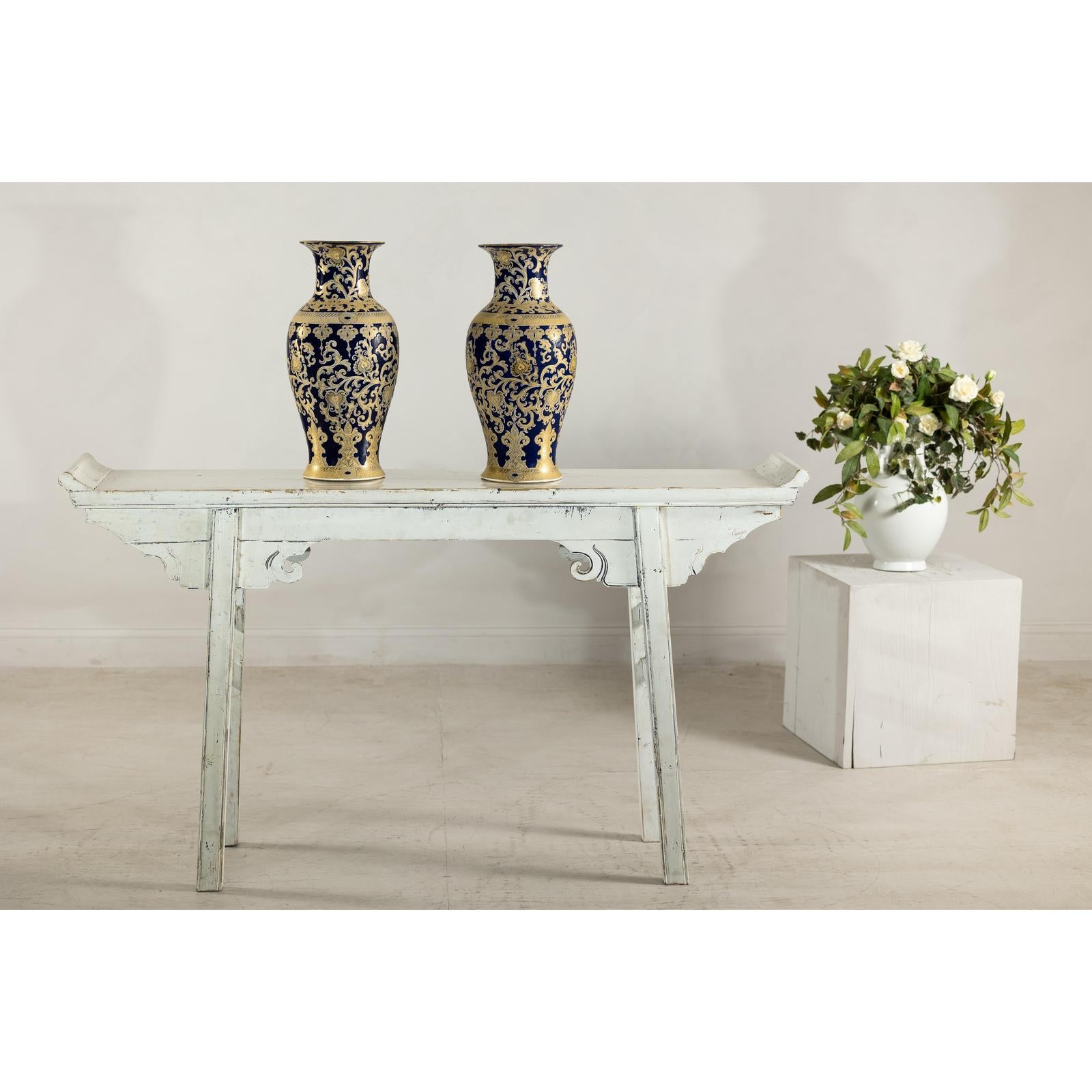 Pair of Sèvres-Inspired Cobalt Blue and Gold Porcelain Vases, Scrolling Foliage