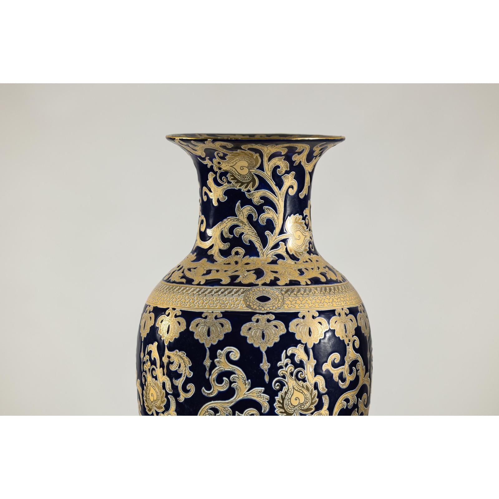 Pair of Sèvres-Inspired Cobalt Blue and Gold Porcelain Vases, Scrolling Foliage
