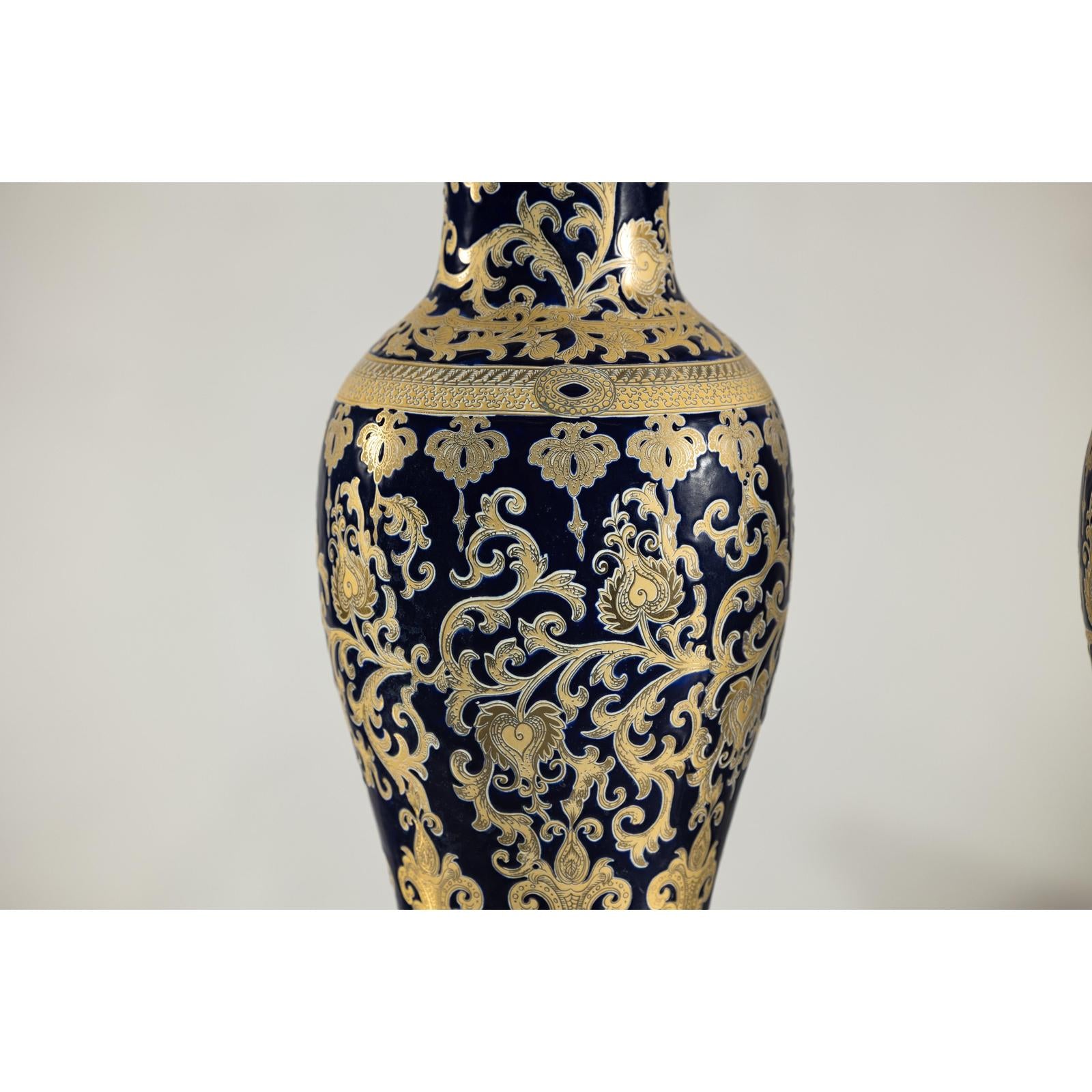 Pair of Sèvres-Inspired Cobalt Blue and Gold Porcelain Vases, Scrolling Foliage