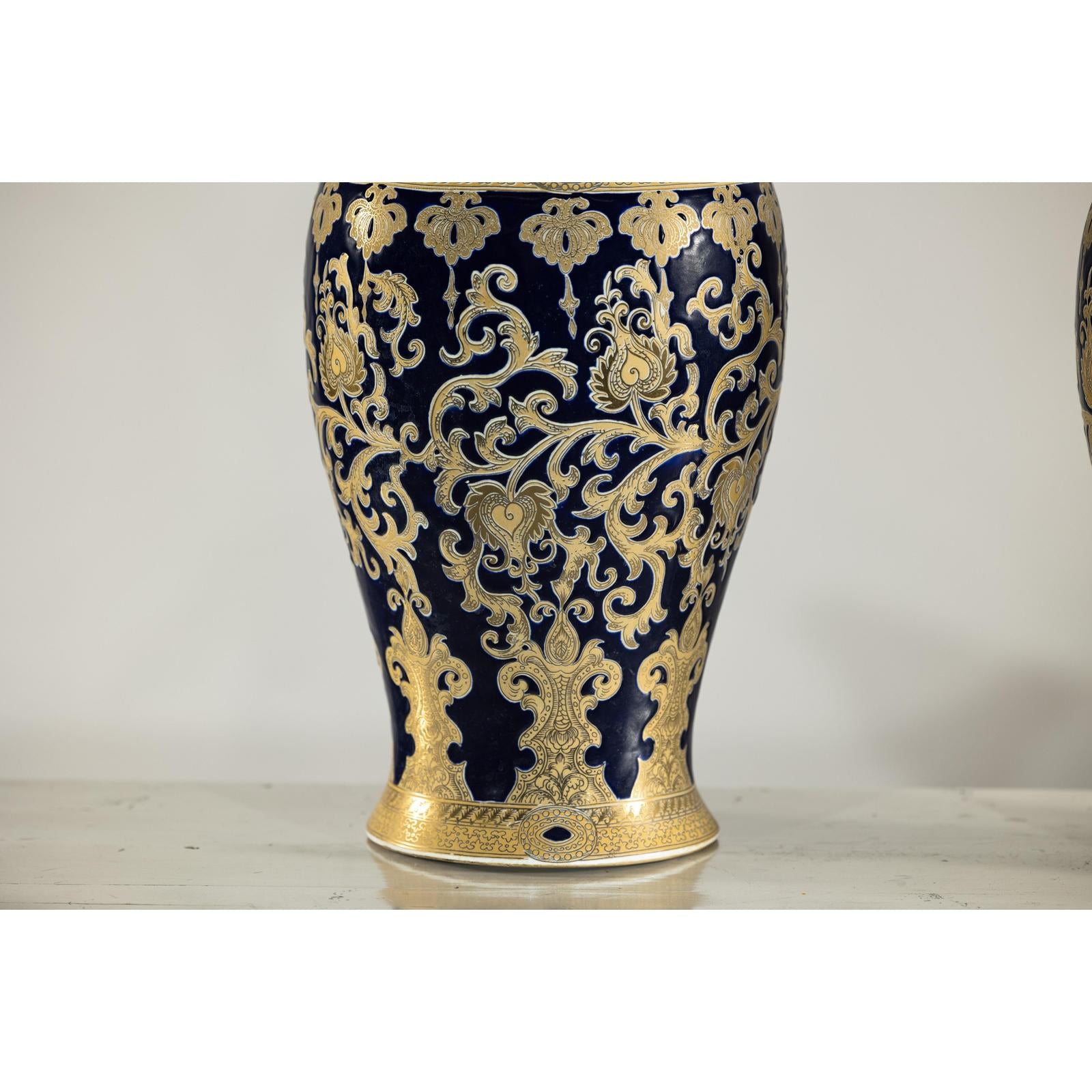 Pair of Sèvres-Inspired Cobalt Blue and Gold Porcelain Vases, Scrolling Foliage