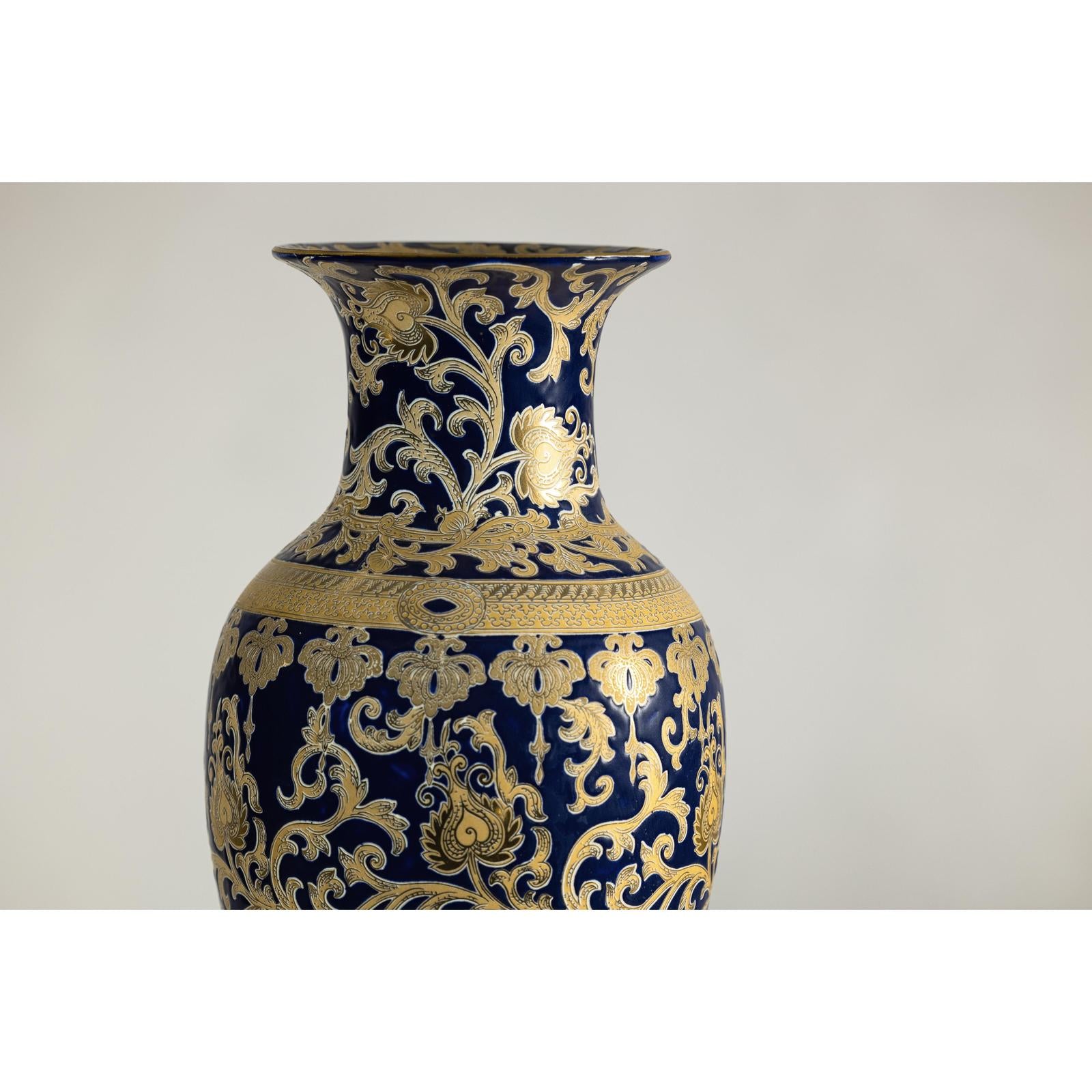 Pair of Sèvres-Inspired Cobalt Blue and Gold Porcelain Vases, Scrolling Foliage