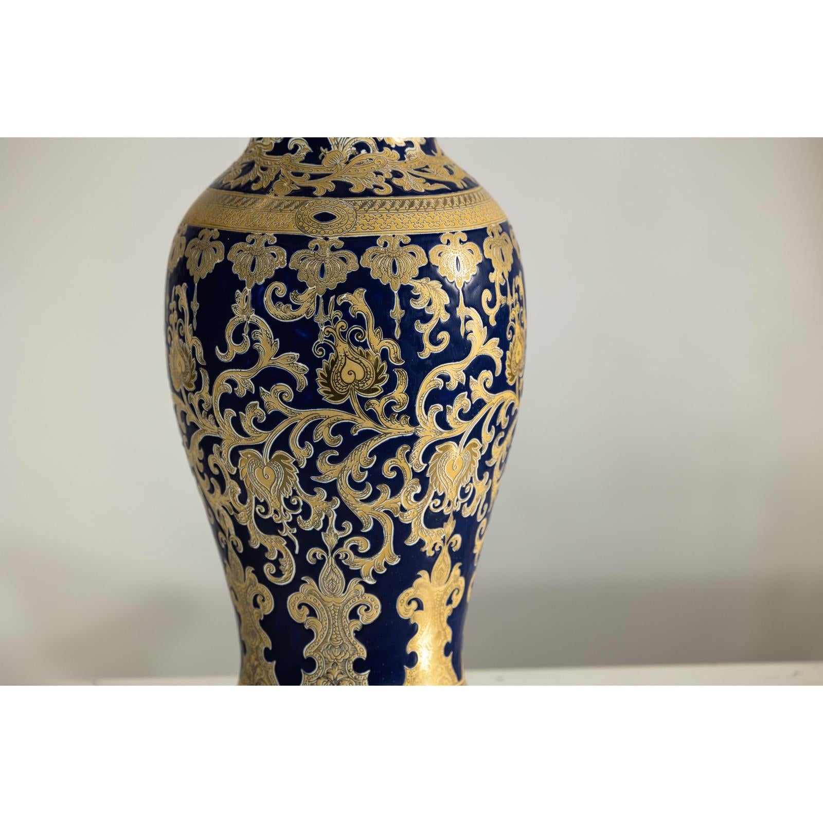 Pair of Sèvres-Inspired Cobalt Blue and Gold Porcelain Vases, Scrolling Foliage