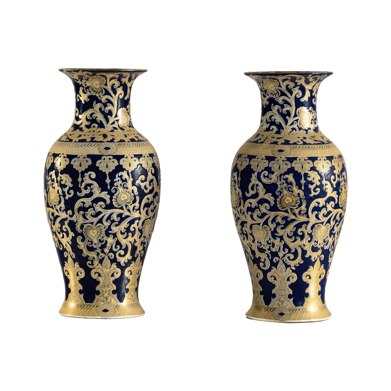 Pair of Sèvres-Inspired Cobalt Blue and Gold Porcelain Vases, Scrolling Foliage