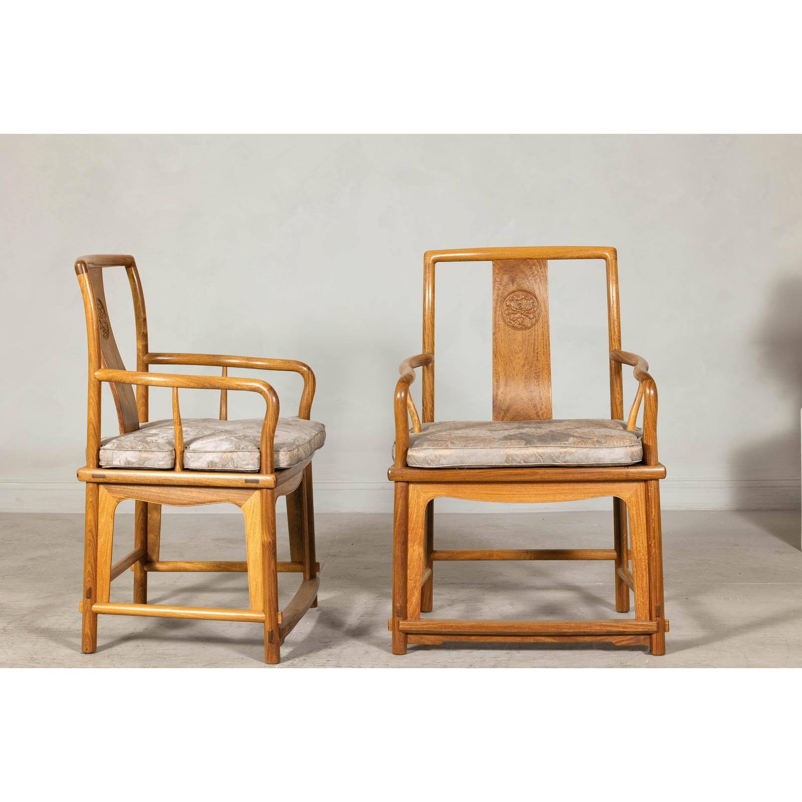 Pair of Ming-Style Hardwood Armchairs with Carved Medallion and Cushions
