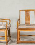 Pair of Ming-Style Hardwood Armchairs with Carved Medallion and Cushions