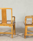 Pair of Ming-Style Hardwood Armchairs with Carved Medallion and Cushions