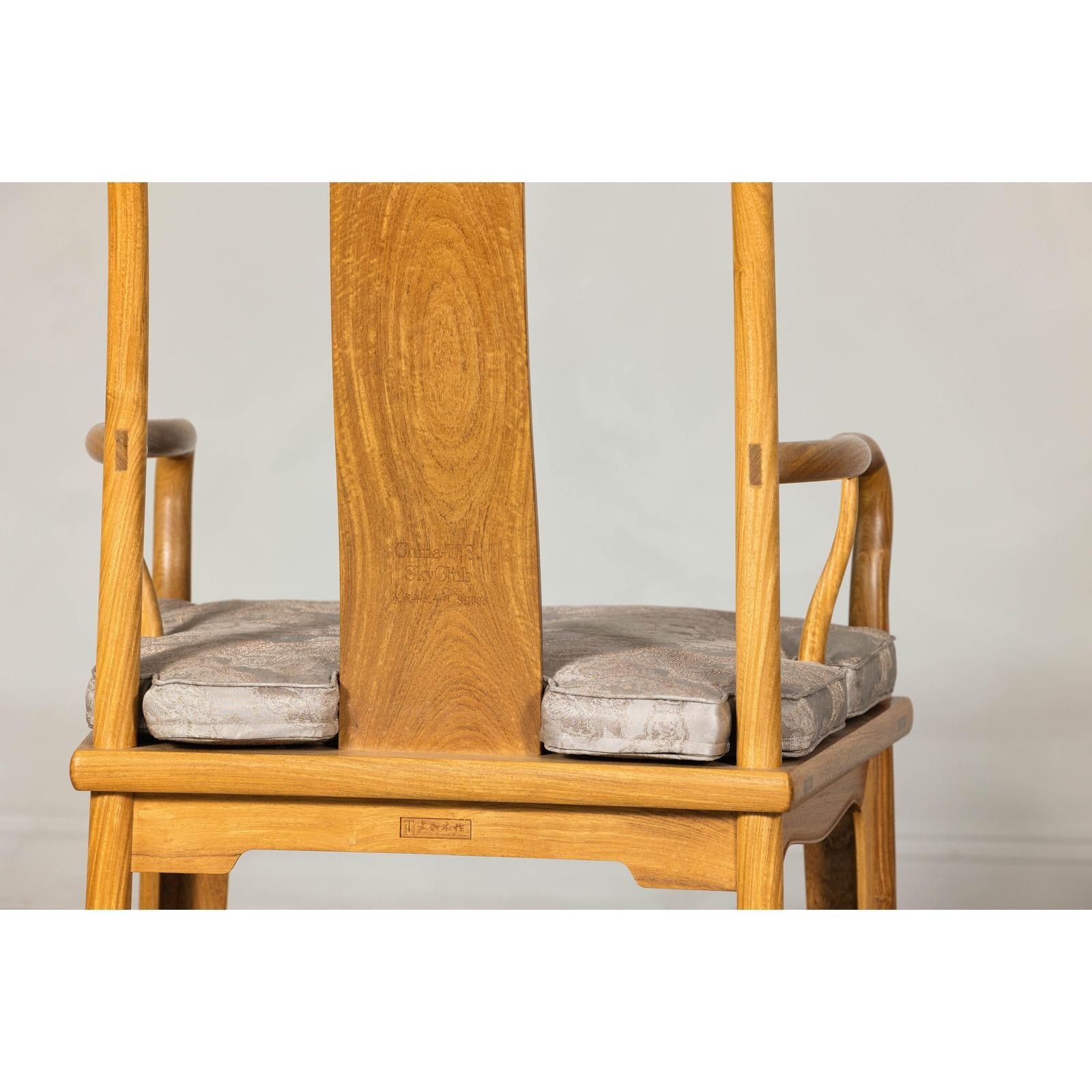 Pair of Ming-Style Hardwood Armchairs with Carved Medallion and Cushions
