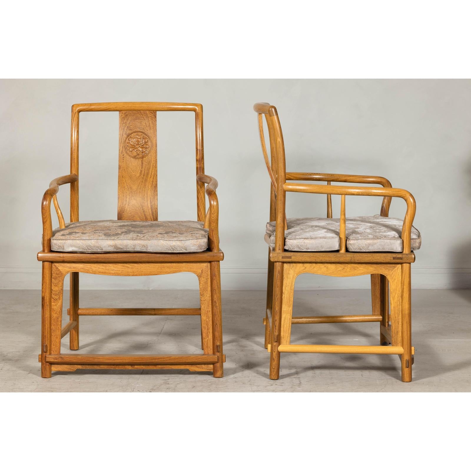 Pair of Ming-Style Hardwood Armchairs with Carved Medallion and Cushions