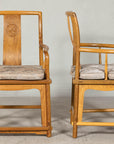 Pair of Ming-Style Hardwood Armchairs with Carved Medallion and Cushions