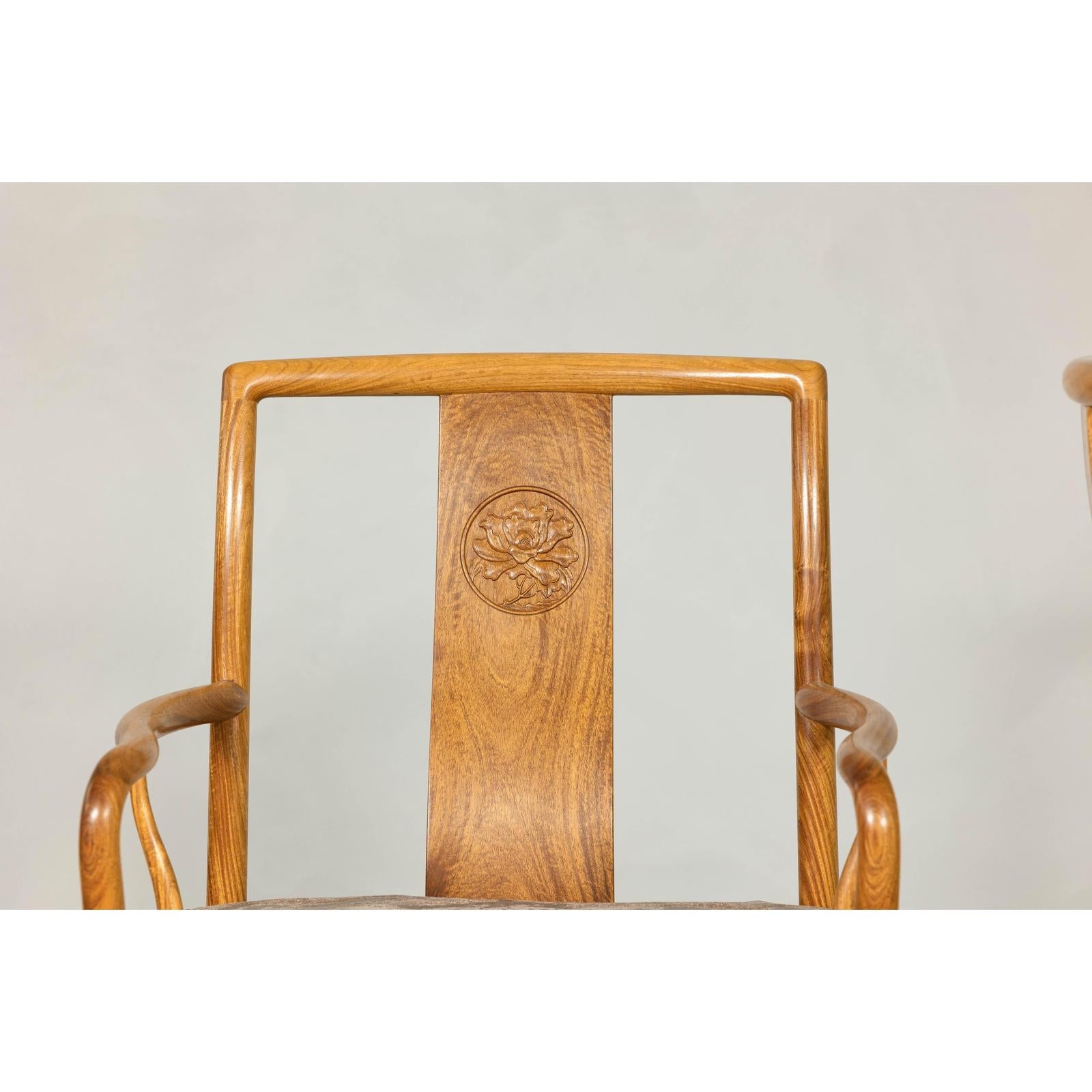 Pair of Ming-Style Hardwood Armchairs with Carved Medallion and Cushions