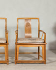 Pair of Ming-Style Hardwood Armchairs with Carved Medallion and Cushions