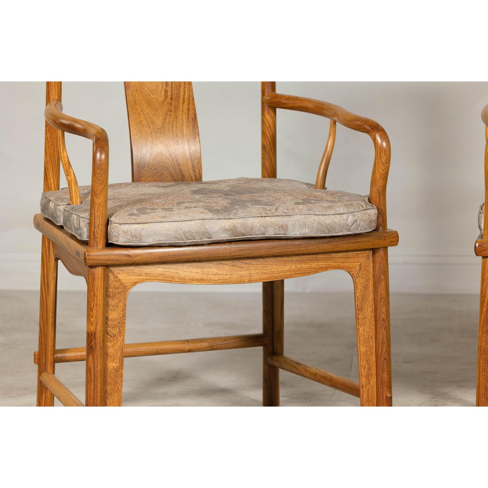 Pair of Ming-Style Hardwood Armchairs with Carved Medallion and Cushions