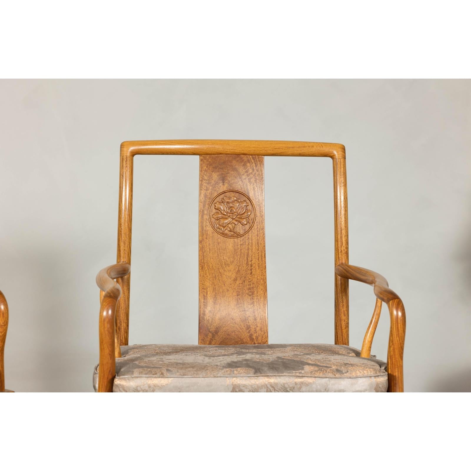 Pair of Ming-Style Hardwood Armchairs with Carved Medallion and Cushions