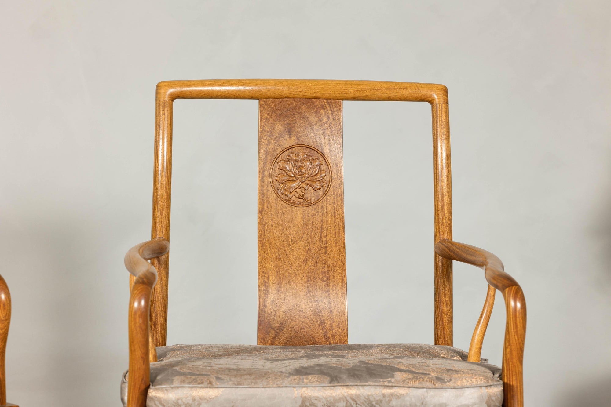 Pair of Ming-Style Hardwood Armchairs with Carved Medallion and Cushions
