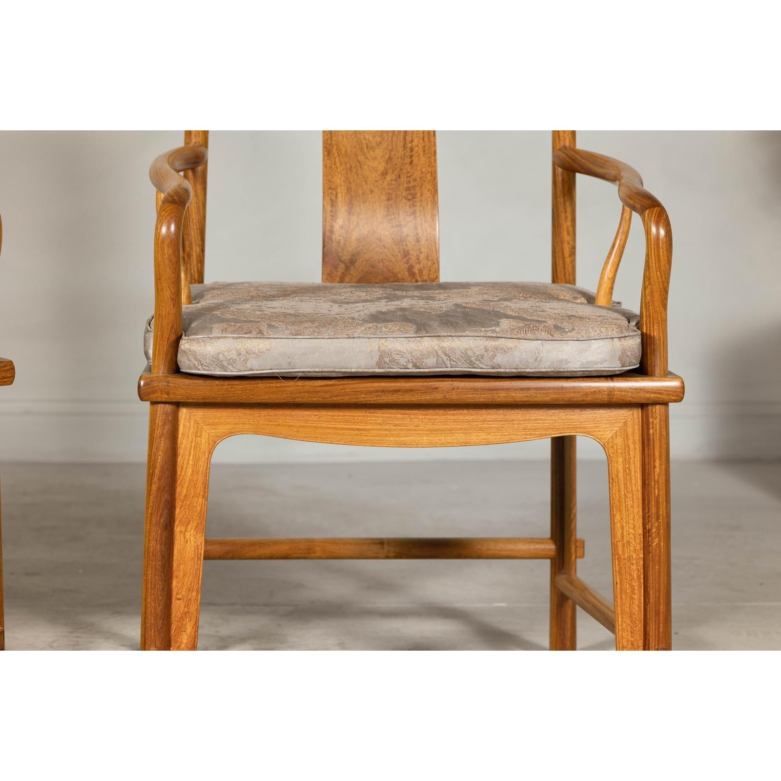Pair of Ming-Style Hardwood Armchairs with Carved Medallion and Cushions