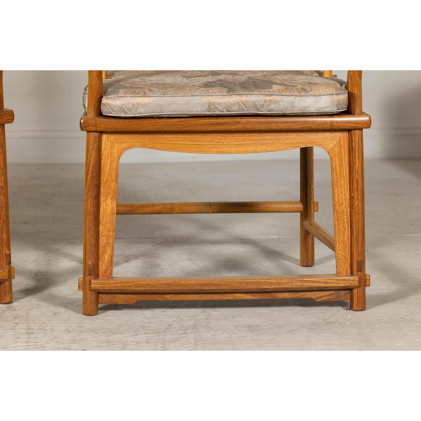 Pair of Ming-Style Hardwood Armchairs with Carved Medallion and Cushions