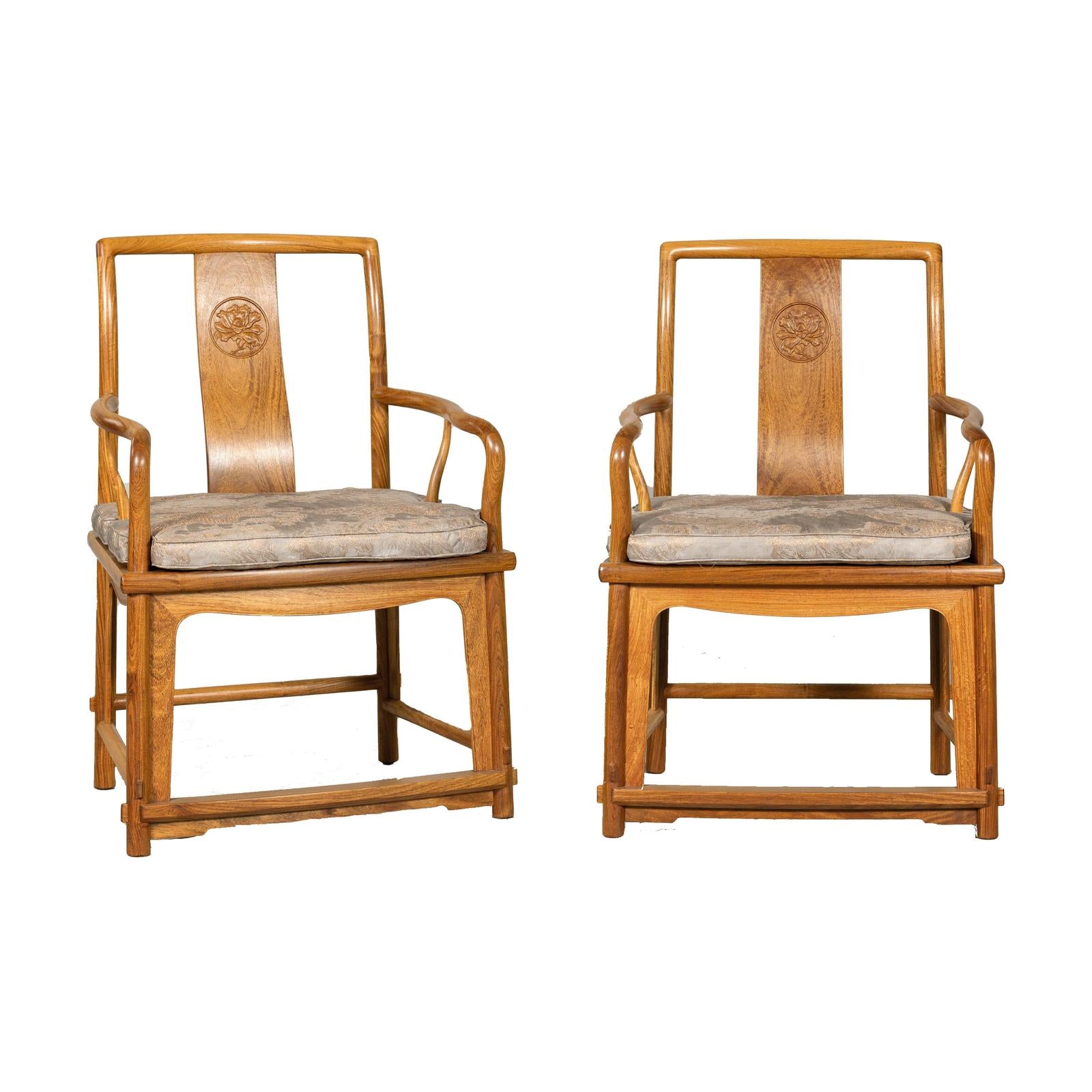Pair of Ming-Style Hardwood Armchairs with Carved Medallion and Cushions