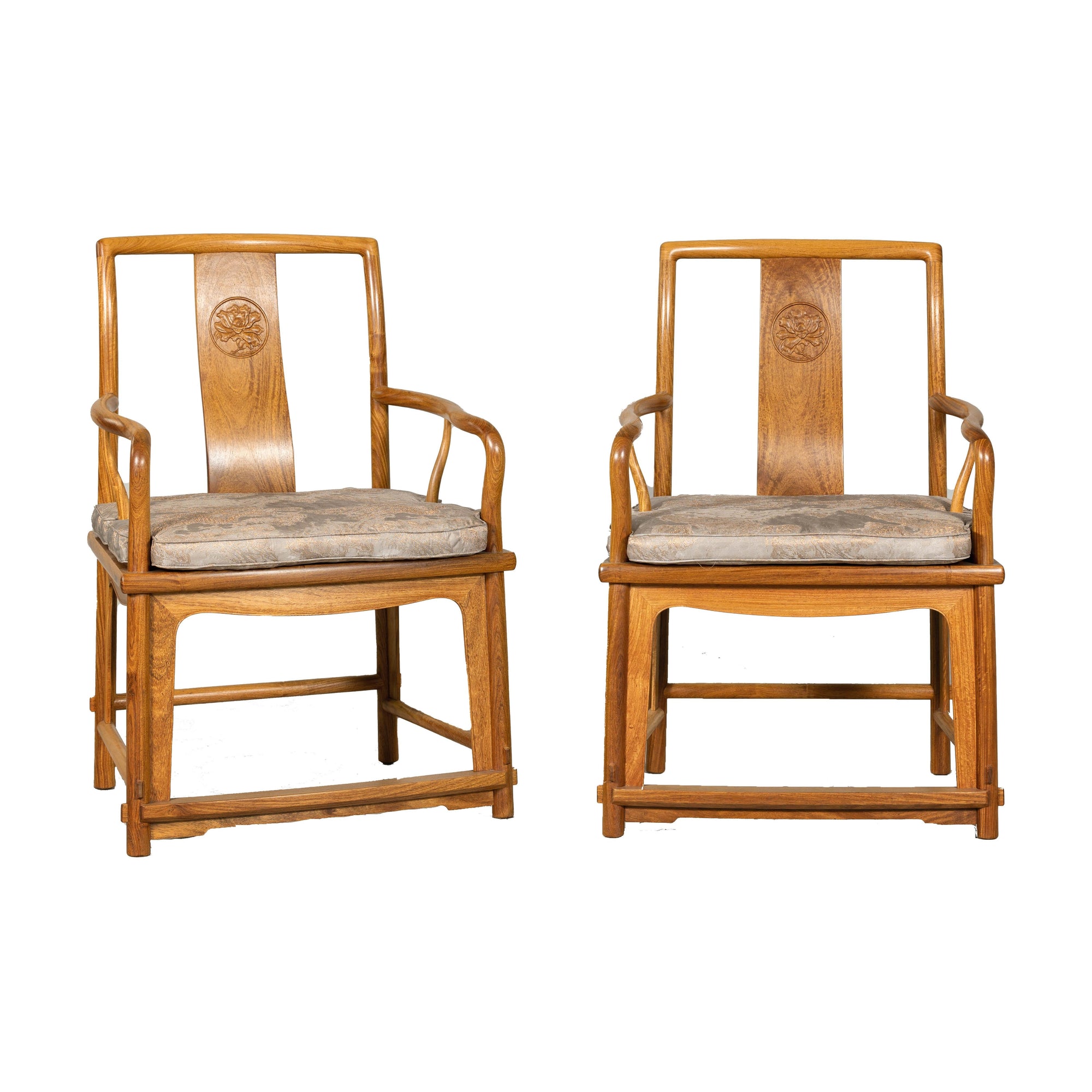 Pair of Ming-Style Hardwood Armchairs with Carved Medallion and Cushions