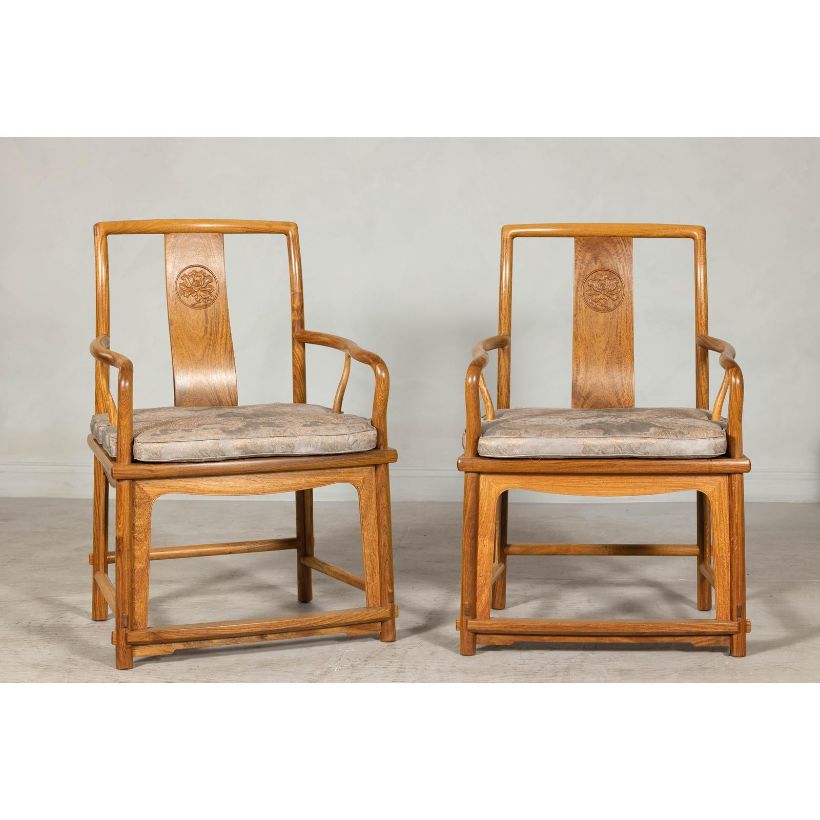 Pair of Ming-Style Hardwood Armchairs with Carved Medallion and Cushions