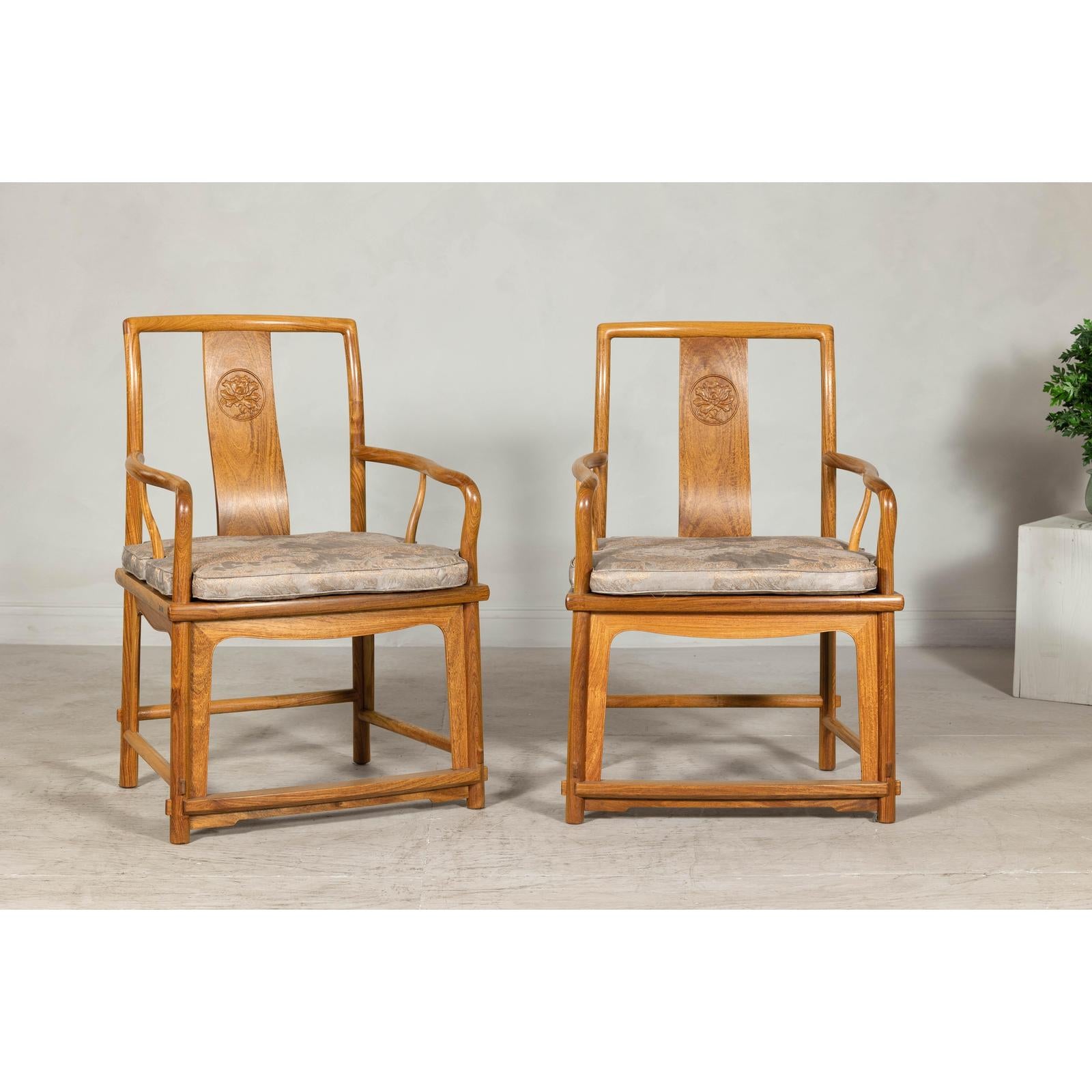 Pair of Ming-Style Hardwood Armchairs with Carved Medallion and Cushions